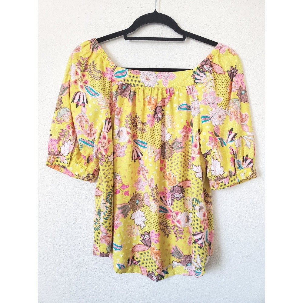LOFT Yellow Floral‎ Square Neck Puff Sleeve Linen Blend Top Small Colorful - Picture 6 of 9